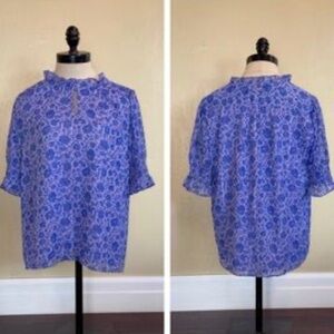 J. Crew Blue Floral Ruffle Neck Blouse